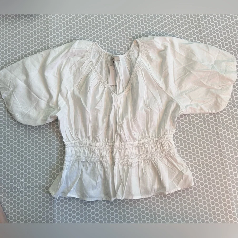 NWT LOFT White Smocked-Waist Peasant Fairy Blouse With Balloon Sleeves  Size XL